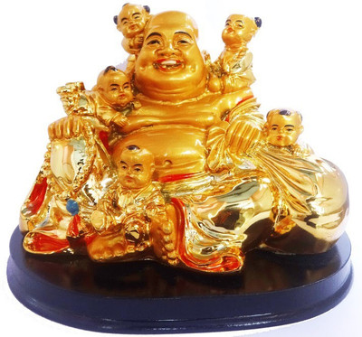 

Ripe India Laughing Buddha With Children Decorative Showpiece - 15 cm(Polyresin, Gold)