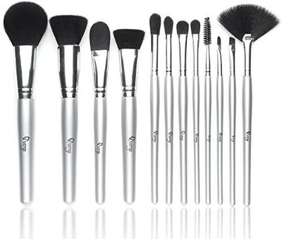 

Qivange Synthetic Foundation Blush Eyeshadow Eyelash Lip Cosmetic Brush Kit( Silver) +sponge Puff And Bag(Pack of 12)