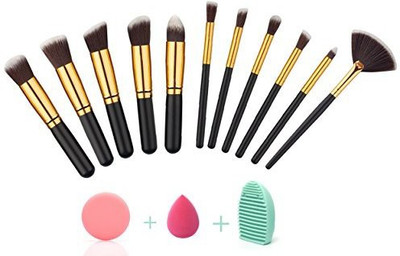 

Aeroway� Makeup Brush Kit With Blender Sponge, Brush Egg And Powder Puff - Black/gold(Pack of 11)
