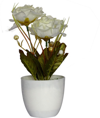

hob White, Green Rose Artificial Flower with Pot(5.5 inch, Pack of 01)