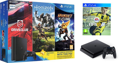 

Sony PS4 Slim 500 GB with FIFA 17,Horizon Zero Dawn,Drive Club and Ratchet & Clank (Limited Edition)(Black)