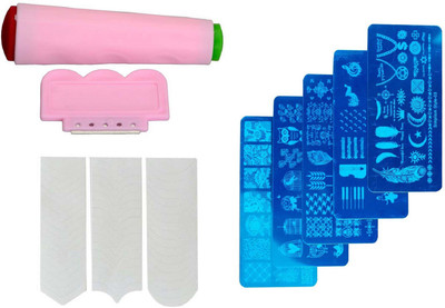 FOK Nail Art Combo 5pc Stamping Image Plate, Scrapper and 1pc Tip Guide Sticker(Multicolor)