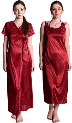SENSLIFE Women Nighty with Robe(Maroon)