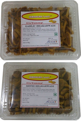 

Jamnagar Foods GARLIC BHAKARWADI & METHI BHAKARWADI 500 GM EACH Combo(2)