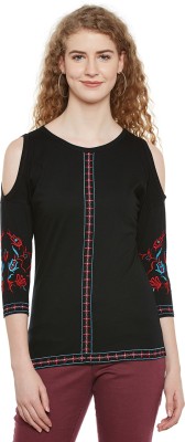 HYPERNATION Casual 3/4 Sleeve Embroidered Women Black Top