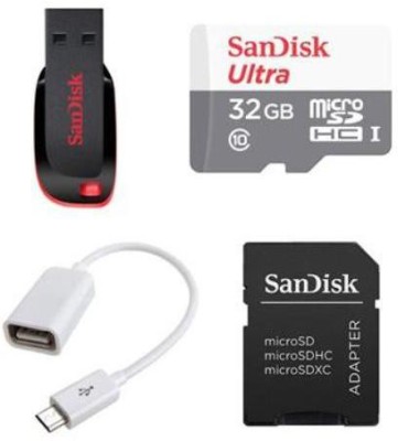 

SanDisk 16GB CRUZER BLADE PENDRIVE WITH 32GB ULTRA CLASS MEMORY CARD WITH OTG CABLE & ADAPTER Combo Set