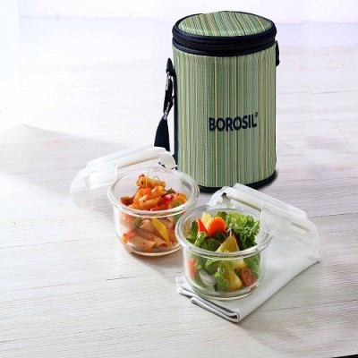 

Borosil Microwavable Borosilicate Glass Klip N Store Round, 400ml, With Green Color Bag And 2 Containers Lunch Box(400 ml)