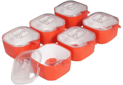 

FABLE Inox Food Storage Dry Fruits/Desserts/Diwali Snacks- 6 Containers with Lids and Spoons and 1 Tray - Red with brush and spatula Bowl Tray Serving Set(Pack of 1)