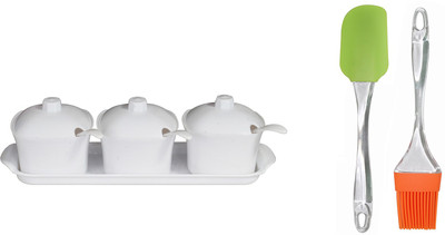 

FABLE Pickle Pots with Lids- Chutneys/Pickles/Spices Jar - Aachar Set (White) with brush and spatula Bowl Spoon Tray Serving Set(Pack of 1)