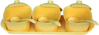 

FABLE Pickle Pots with Lids- Chutneys/Pickles/Spices Jar - Aachar Set (YELLOW) with brush and spatula Bowl Spoon Tray Serving Set(Pack of 1)