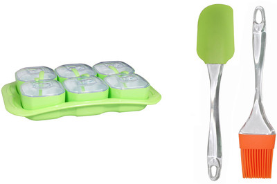 

FABLE Inox Food Storage Dry Fruits/Desserts/Diwali Snacks- 6 Containers with Lids and Spoons and 1 Tray - Redwith brush and spatula Bowl Tray Serving Set(Pack of 1)