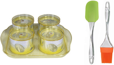 

FABLE Supreme Dry Fruits/Desserts/Diwali Snacks- 4 Containers with lids and 1 Tray - Yellow with brush and spatula Bowl Tray Serving Set(Pack of 1)