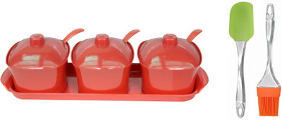 

FABLE Pickle Pots with Lids- Chutneys/Pickles/Spices Jar - Aachar Set (RED) with brush and spatula Bowl Spoon Tray Serving Set(Pack of 1)