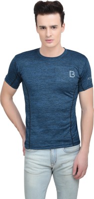 Boqqu Self Design Men Round Neck Dark Blue T-Shirt