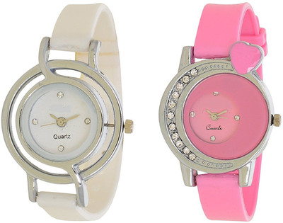 

Miss Perfect Heart Pink Diamond Studded and Round White Pu Girl Watch Watch - For Women