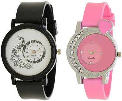 

Miss Perfect Peacock Black and Pink Heart Pu Love Girl Watch Watch - For Women