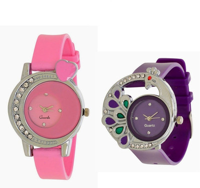 Miss Perfect Heart Pink And Peacock Purple New Pu Girl Sexy Watch Watch - For Women