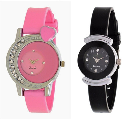 

Miss Perfect Heart Diamond Studded pink And Small Black Pu Girl Watch Watch - For Women