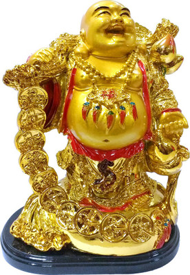 Starstell Feng shui Wealth YuanBao Coin Bag Happy Laughing Maitreya Buddha Statue Decorative Showpiece - 13 cm(Polyresin, Gold)