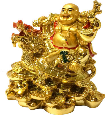 

Starstell Feng Shui Laughing Buddha on Dragon for Remove Bad Luck Decorative Showpiece - 13 cm(Polyresin, Gold)