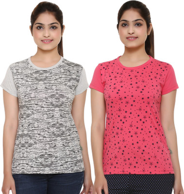 

69GAL Girls Printed Cotton T Shirt(Multicolor, Pack of 2, Grey;pink