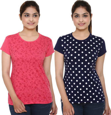 

69GAL Girls Printed Cotton T Shirt(Multicolor, Pack of 2, Dark blue;pink1