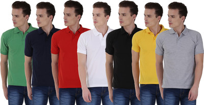 NCY Solid Men Polo Neck Dark Blue, Red, White, Green, Black, Grey, Yellow T-Shirt(Pack of 7)