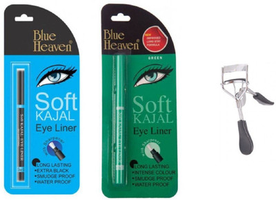 

Blue Heaven black,green soft kajal with eye lash curler(Set of 3)