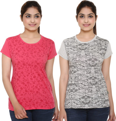 

69GAL Girls Printed Cotton T Shirt(Multicolor, Pack of 2, Grey;pink1
