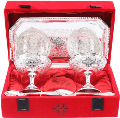 

IndianArtVilla Set of 2 Silver Plated Designer Ice Cream Bowl with 2 Spoon & 1 Tray Silver Plated Bowl Set(Silver, Pack of 5)
