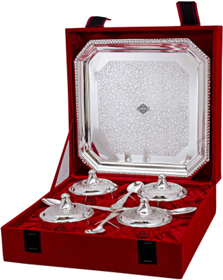 

IndianArtVilla Silver Plated Set of 4 Beetel Bowl with 4 Spoon & 1 Tray Silver Plated Bowl Set(Silver, Pack of 9)