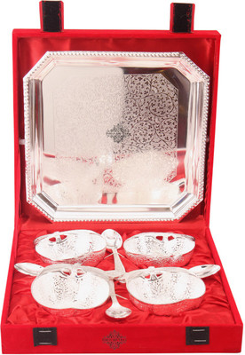 

IndianArtVilla Silver Plated Set of 4 Mango Design Bowl with 4 Spoon & 1 Tray Silver Plated Bowl Set(Silver, Pack of 9)