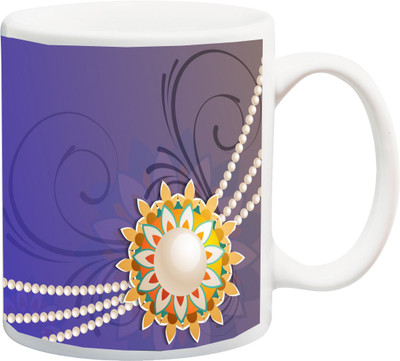 

ME&YOU Raksha Bandhan Gift for Brother/ Bro/ Bhai; Rakhi And Pearls Design In purple BG Printed Ceramic Mug(325 ml)