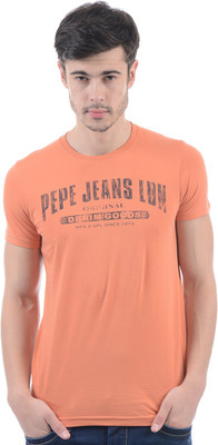 

Pepe Jeans Printed Men's Round Neck Orange T-Shirt, Coral
