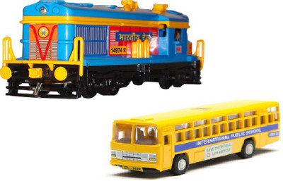 

MN OVERSEAS Multicolor Locomotive Engine with School Bus for kids(Multicolor)
