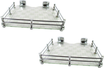 

RoyaL Indian Craft Set of 2 Chrome Bracket 9 By 11 INCH White Pattern Printed Platinum Multipurpose Speaker / Set Top Box Glass Wall Shelf(Number of Shelves - 2, Clear, White)