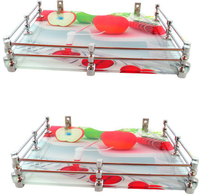 

RoyaL Indian Craft Brass Set of 2 Brass F Bracket Artistic Apple Printed 9 By 11 INCH Multipurpose Glass Wall Shelf(Number of Shelves - 2, Multicolor)