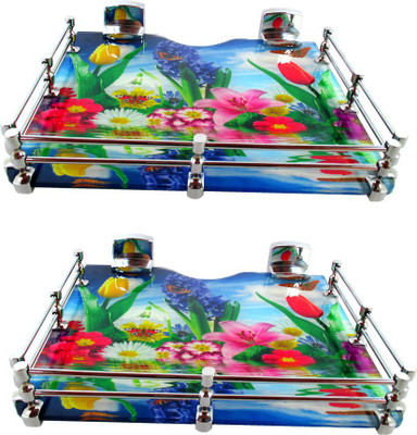 

RoyaL Indian Craft Set of 2 Chrome Bracket Beautiful Flora Printed 9 By 11 INCH Multipurpose Speaker/ Set Top Box Glass Wall Shelf(Number of Shelves - 2, Multicolor)