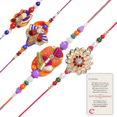 

eCraftIndia Designer Set(4 Designer Rakhis for family and 1 festival best wishes card in decorative gift box)