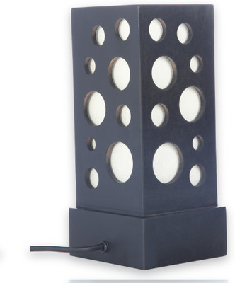 

giftwithswagger Swagger Wood Table Lamp, Retro Solid Wood and Fabric Shade Relax Lighting For Bedroom Bedside Desk Lamp, Contemporary Living Room, Study , Cafe , Baby Room (Rectangle and circles carved) Table Lamp(26 cm, Black, off white)