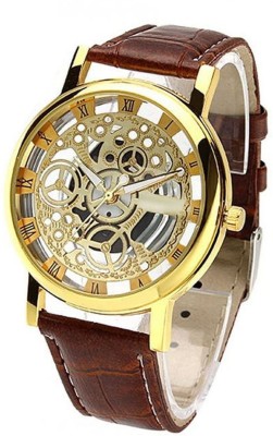 Zillion Gold Skeleton Transparent Dial Brown Strap Watch  - For Men   Watches  (Zillion)