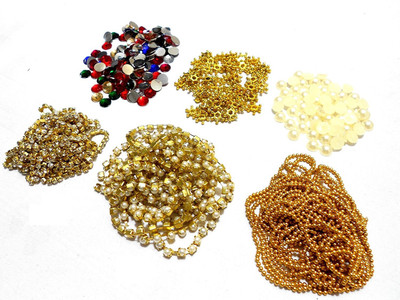 

GOELX Jewellery making & decorating 6 items combo set includes chains(3 types), pearls, & colourful kundans, daisy star chakri 100 pcs
