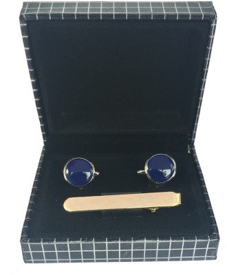 FashMade Brass Cufflink & Tie Pin Set(Gold, Blue)