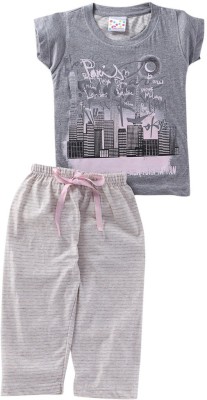 Eimoie Kids Nightwear Girls Printed Cotton Blend(Grey Pack of 1)