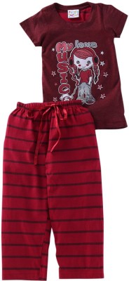 Eimoie Kids Nightwear Girls Printed Cotton Blend(Maroon Pack of 1)