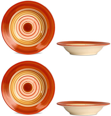 

Caffeine Soup Plate 7IN Ceramic/Stoneware in Orange and Beige Studio Handmade By Caffeine Dinner Plates(Pack of 4)
