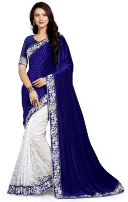 googlee Self Design, Applique, Embroidered Bollywood Velvet, Net Saree(Dark Blue, White) available at flipkart for Rs.499