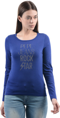 

Pepe Jeans Solid Women' Round Neck Blue T-Shirt, Ink