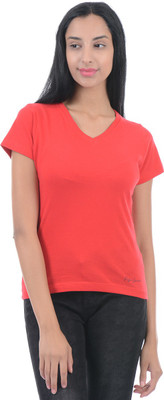 Pepe Jeans Solid Women V-neck Red T-Shirt available at flipkart for Rs.299