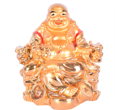 

Vyne feng shui laughing buddha on chair with ingot and money coin for health wealth and happiness Decorative Showpiece - 8 cm(Polyresin, Gold)